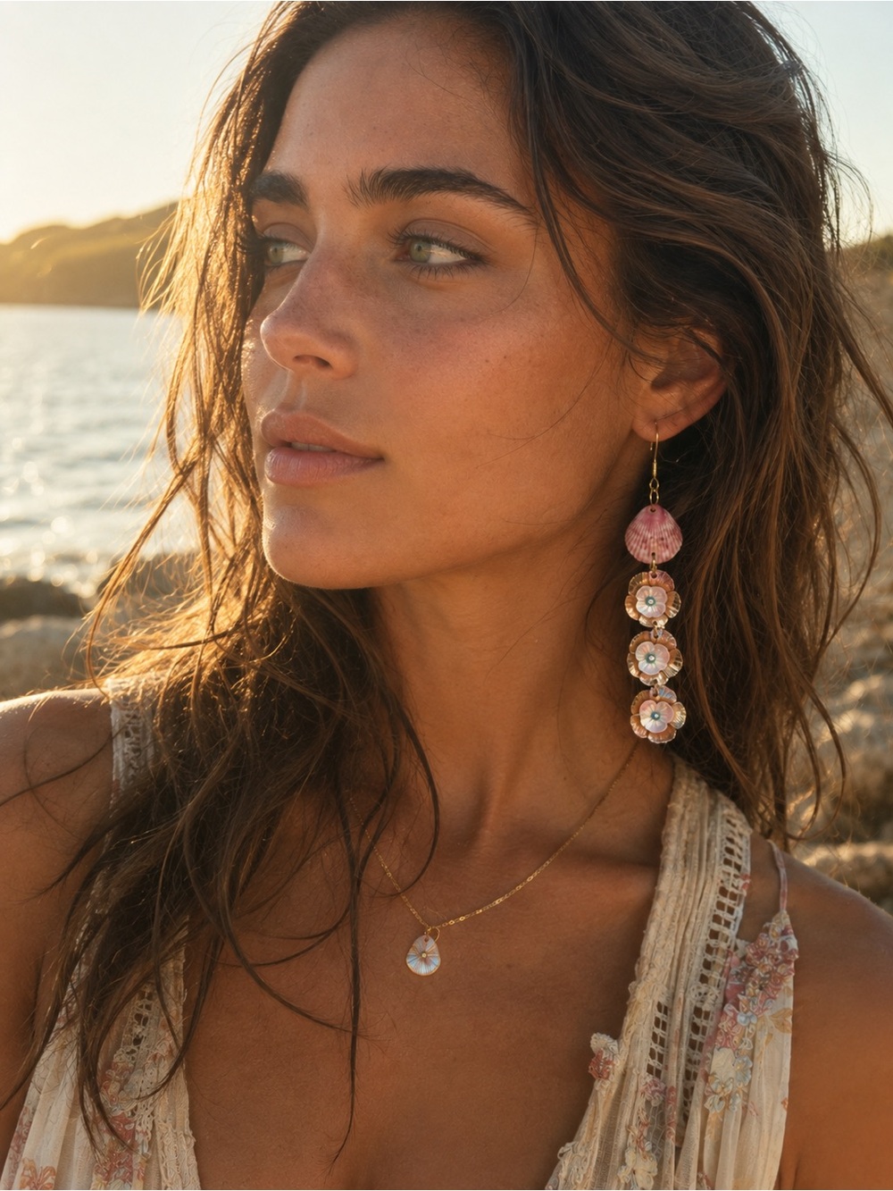 Pink Calico Scallop Shell & Gold Floral Charm Tiered Drop Earrings ~ Handmade